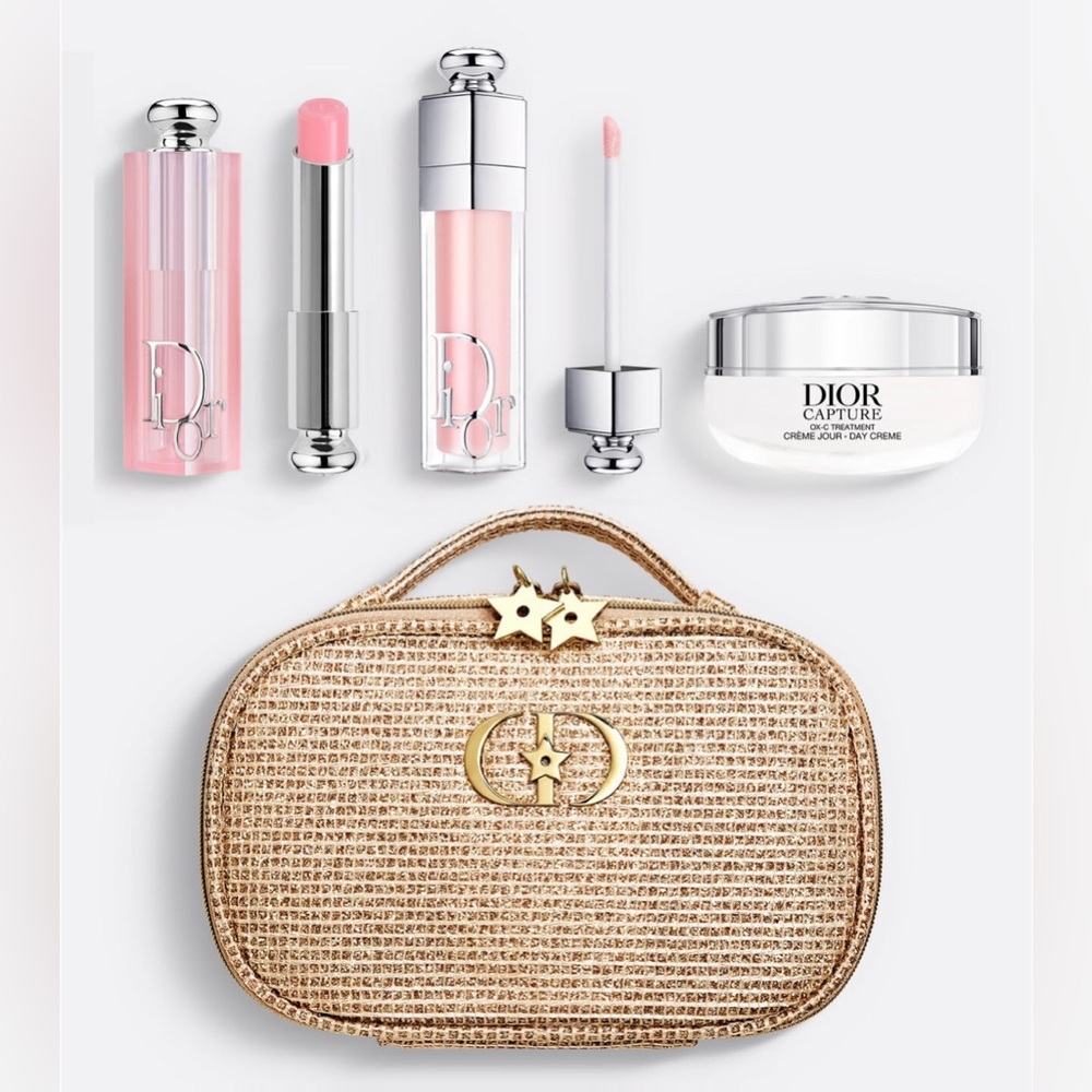 Dior Pink Lip Balm & Gloss Set with Gold Straw Clutch  and box